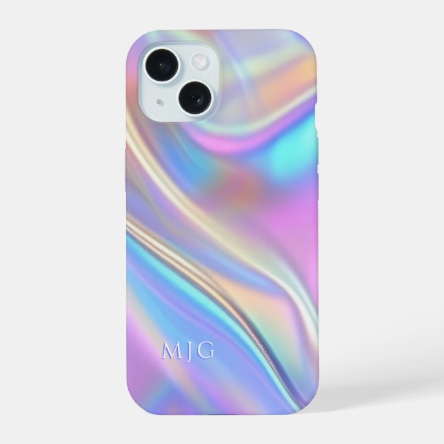 Iridescent Design, Classy White Text Monogram iPhone 15 Case (Back)
