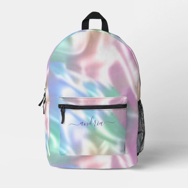 Iridescent Design, Personalise Purple Script Name Printed Backpack (Front)