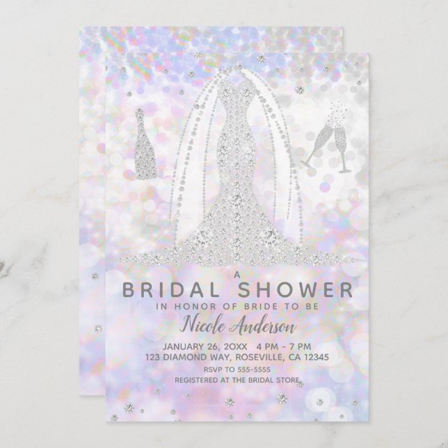 Iridescent Diamond Wedding Dress Bridal Shower Invitation (Front/Back)