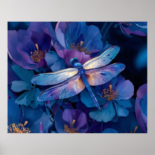 Iridescent Dragonfly Colourful Flowers Poster