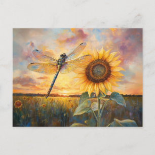 Iridescent Dragonfly Rustic Sunflower Postcard