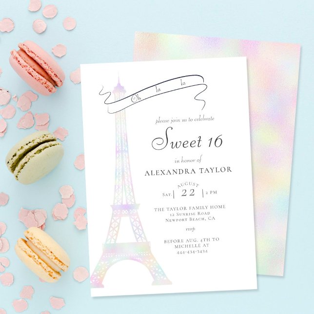 Iridescent Eiffel Tower Paris Minimalist Sweet 16 Invitation (Creator Uploaded)