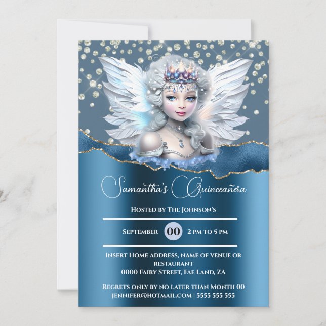 Iridescent fairy enchanted glitter Quinceañera blu Invitation (Front)