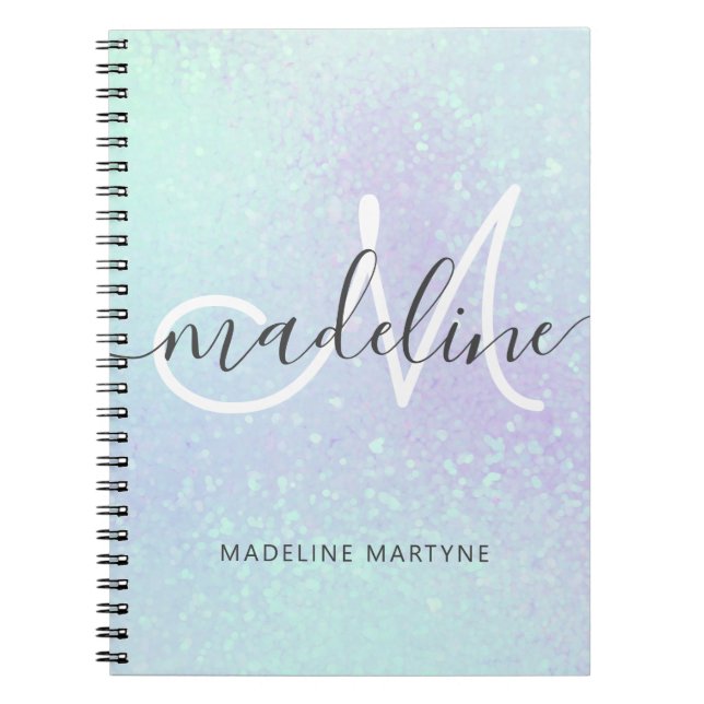 Iridescent Faux Holographic Glitter Monogram Notebook (Front)