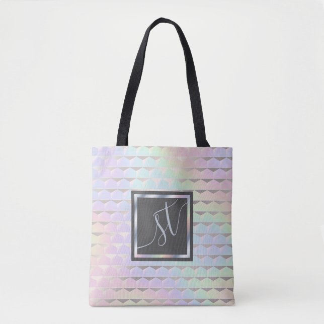 Iridescent Faux Holographic Pattern Monogram Tote Bag (Front)