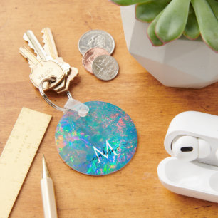 Iridescent Fire Opal Monogram Script Name Key Ring
