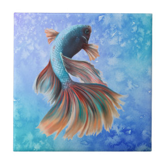 Iridescent fish on blue ceramic tile