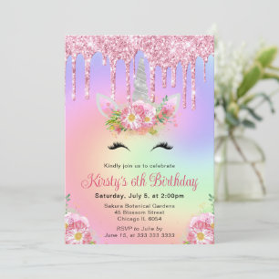 Iridescent Floral Unicorn Kids Birthday Party Invitation