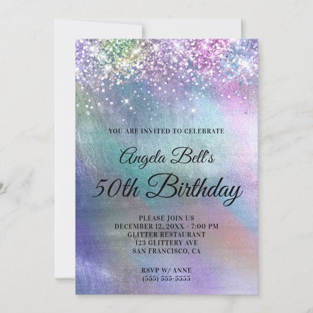 Iridescent Foil and Sparkly Glitter Birthday Invitation (Front)