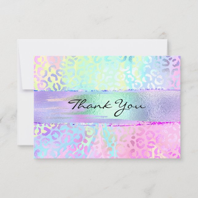 Iridescent Foil Brush Stroke Rainbow Leopard Pink Thank You Card (Front)