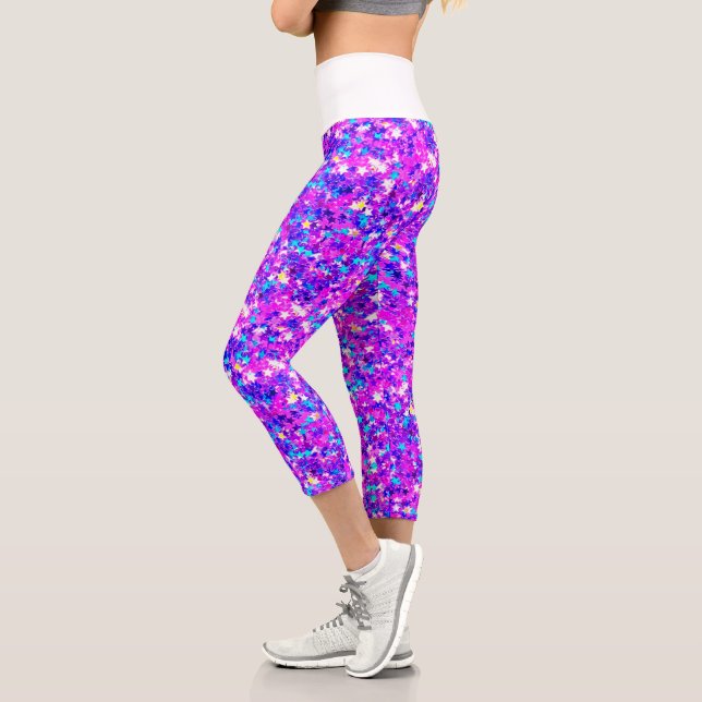 Iridescent Fuchsia Star Glitters Capri Leggings (Left)