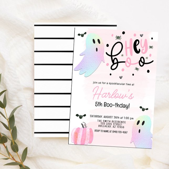 Iridescent Ghost Hey Boo Pink Halloween Birthday  Invitation (Creator Uploaded)