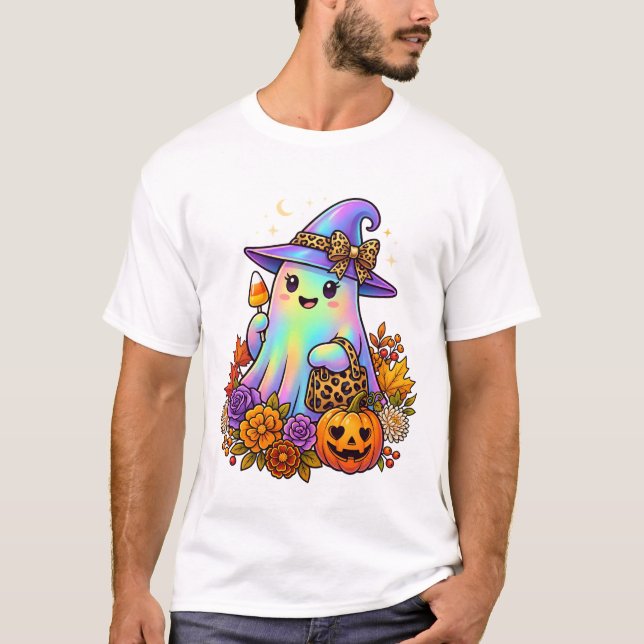 Iridescent Ghost Leopard Bow Witch Hat Pumpkin T-Shirt (Front)