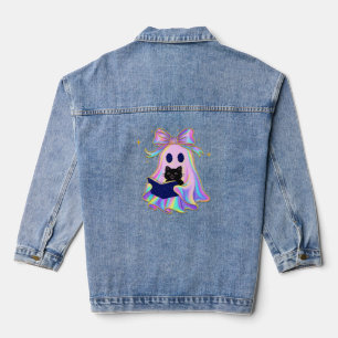 Iridescent ghost with a book and a black cat Class Denim Jacket
