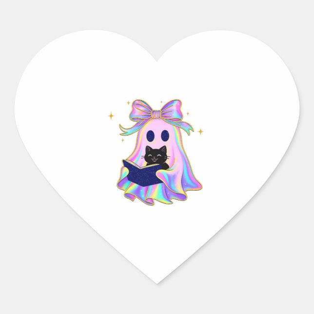 Iridescent ghost with a book and a black cat Class Heart Sticker (Front)