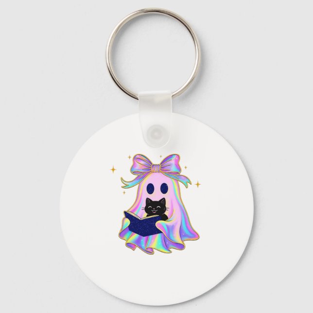 Iridescent ghost with a book and a black cat Class Key Ring (Front)