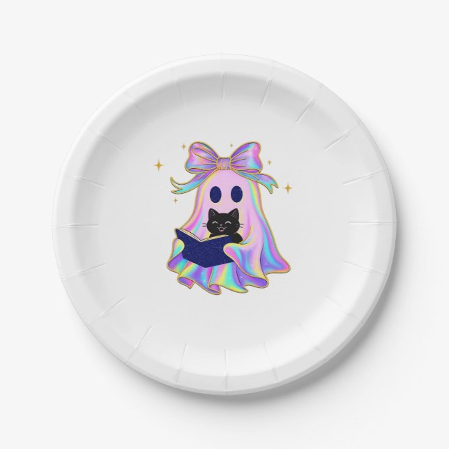 Iridescent ghost with a book and a black cat Class Paper Plate (Front)