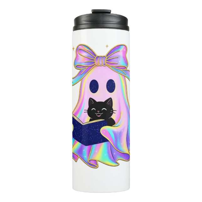 Iridescent ghost with a book and a black cat Class Thermal Tumbler (Front)
