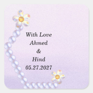 Iridescent Glass Floral Pearl Wedding Favour Square Sticker