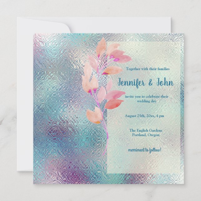 Iridescent Glass & leaf spray Wedding Invitation (Front)