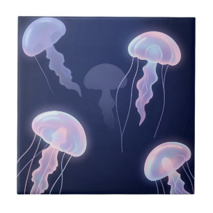 Iridescent Glowing Jellyfish Deep Blue Pink Ceramic Tile