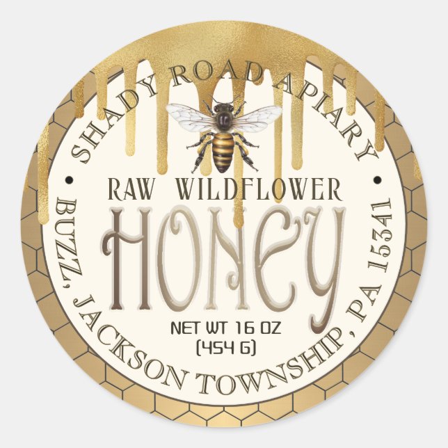 Iridescent Gold Drips Honey Label with Honeycomb   (Front)