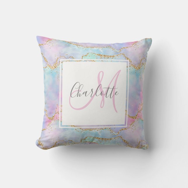 Iridescent gold glitter agate monogram  cushion (Front)