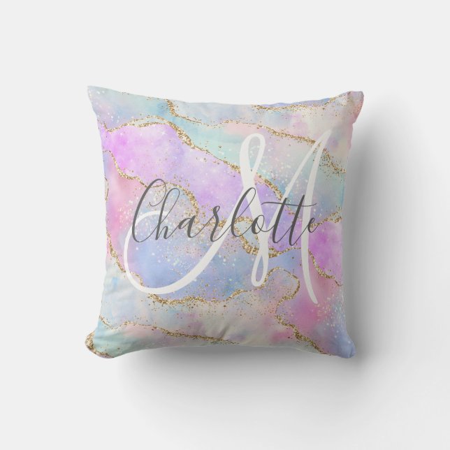 Iridescent gold glitter agate monogram cushion (Front)