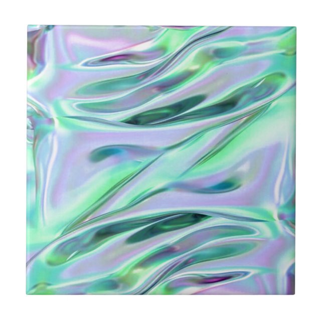 Iridescent Green and Blue MetallicMarbled Ceramic Tile (Front)
