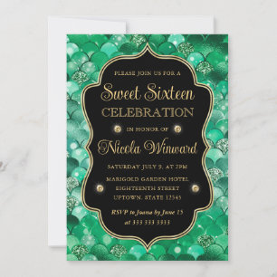 Iridescent Green & Gold Mermaid Scales Sweet 16 Invitation