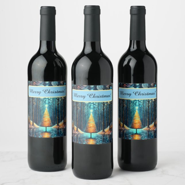 Iridescent Holiday Dream 🎄 Glowing Christmas Tree Wine Label (Bottles)