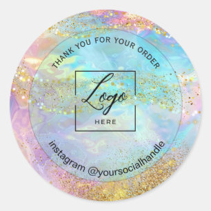 Iridescent holographic custom logo namethank you classic round sticker