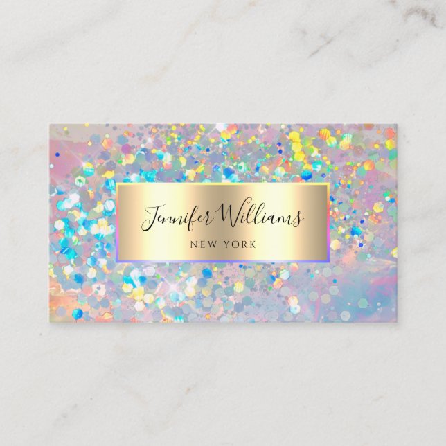 Iridescent Holographic Glitter Elegant Gold Beauty Business Card (Front)