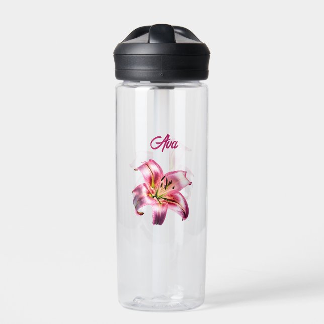 Iridescent Holographic Pink Asiatic Lily Water Bottle (Front)