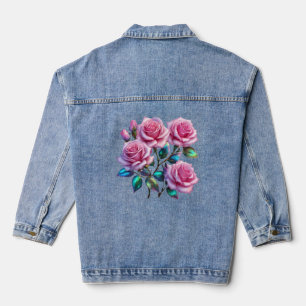 Iridescent Holographic Roses On Stems Denim Jacket