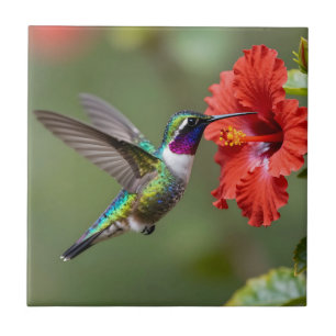 Iridescent Hummingbird Hibiscus Flower Portrait Ceramic Tile
