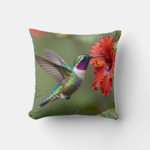 Iridescent Hummingbird Hibiscus Flower Portrait Cushion