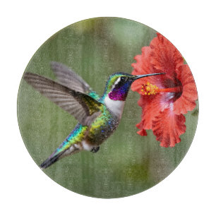 Iridescent Hummingbird Hibiscus Flower Portrait Cutting Board