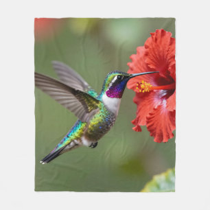 Iridescent Hummingbird Hibiscus Flower Portrait Fleece Blanket