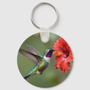 Iridescent Hummingbird Hibiscus Flower Portrait Key Ring