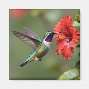Iridescent Hummingbird Hibiscus Flower Portrait Magnet