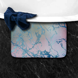 Iridescent Marble Trendy Faux Holo Blue Pink Bath Mat