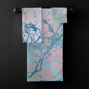 Iridescent Marble   Trendy Faux Holo Blue Pink Bath Towel Set