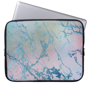Iridescent Marble   Trendy Faux Holo Blue Pink Laptop Sleeve
