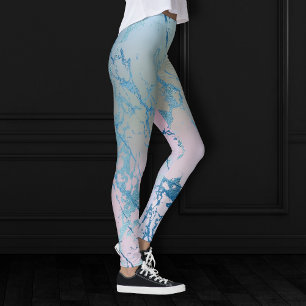 Iridescent Marble   Trendy Faux Holo Blue Pink Leggings