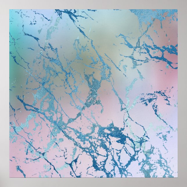 Iridescent Marble | Trendy Faux Holo Blue Pink Poster (Front)