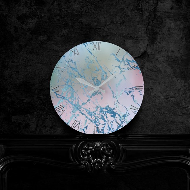Iridescent Marble | Trendy Faux Holo Blue Pink Round Clock (Creator Uploaded)