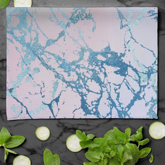 Iridescent Marble | Trendy Faux Holo Blue Pink Tea Towel (Creator Uploaded)