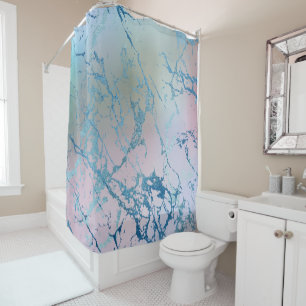 Iridescent Marble   Trendy Holographic Blue Pink Shower Curtain