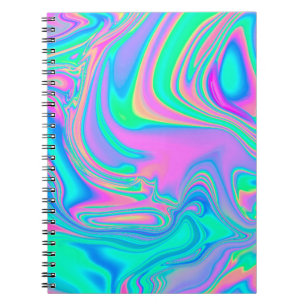 Iridescent marbled holographic texture in vibrant notebook